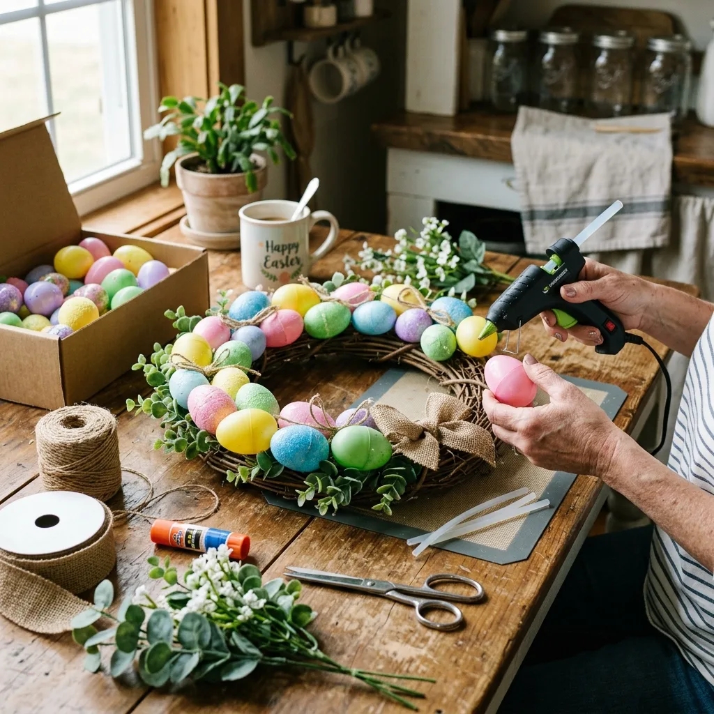 Budget-friendly Easter egg wreath made from Dollar Store eggs
